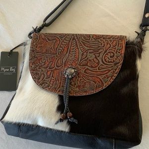 NEW Handcrafted Leather and Calf-hair Crossbody Bag with tooled leather flap.